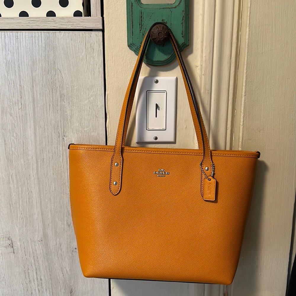 Coach Pebbled Leather Tote in Mustard Yellow